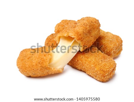 Pile of tasty cheese sticks isolated on white Royalty-Free Stock Photo #1405975580