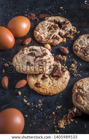 Homemade cuisine ; Closeup of a group of assorted Homemade cookies with Chocolate chips and almonds for menu commercial
