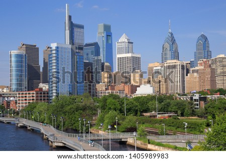 Philadelphia skyline with the Schuylkill River on the foreground, USA