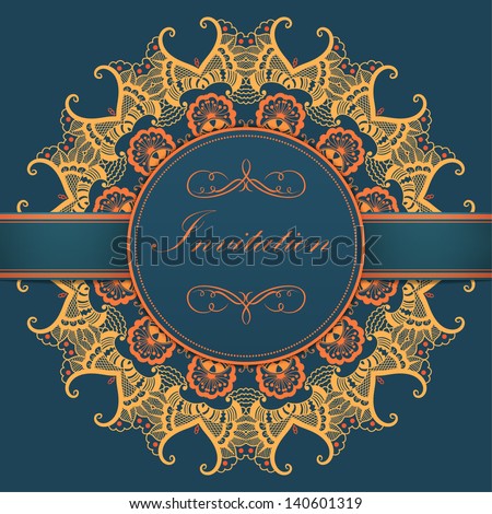 Vector invitation card with ornamental round lace with damask and arabesque elements. Mehndi style. Orient traditional ornament.With silk strip.