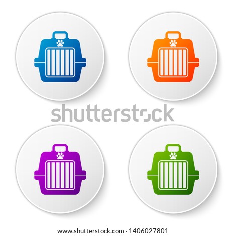 Color Pet carry case icon isolated on white background. Carrier for animals, dog and cat. Container for animals. Animal transport box. Set icons in circle buttons. Vector Illustration