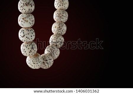 Strings of organic jewelry is hanging up which called rudraksha beads that are the material of malas,which is a rosary or used for prayer(japa) with dark red background