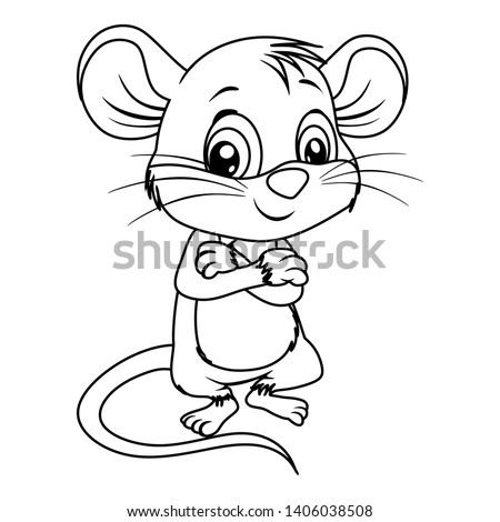 Black and White Vector Illustration of a Happy Mouse Cute Cartoon Mouse Isolated on a White Background Coloring Page. Happy Animals Coloring Book for Children Royalty-Free Stock Photo #1406038508