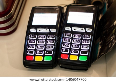 Close-up photo of credit card machine, payment terminal, point of sale, POS