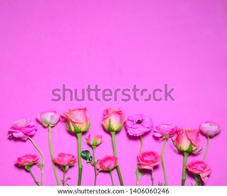 Border with roses and ranunculuses on pink background