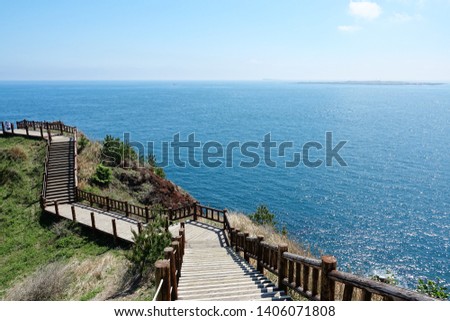 walkway on cliff, Mt. Songaksan, Jeju olle route10 Royalty-Free Stock Photo #1406071808