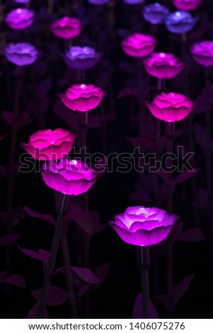 Flower LED illuminate light show at night. Artificial lotus flowers with selective focus. 