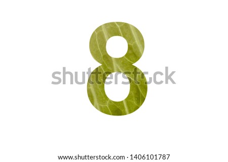 The number "8" with green leaf surface texture isolated on white 