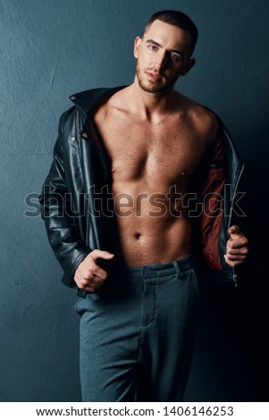 cute brutal man bare-chested black leather jacket model style