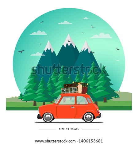 Travel to the forest by car. Road trip. Time to travel, tourism, summer holiday. Different types of journey. Flat design vector illustration