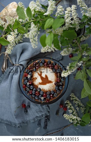 three layers bird cherry cake with sour cream decorated with fresh berries and cherries. Top view. silhouette of a swallow is made of cocoa powder