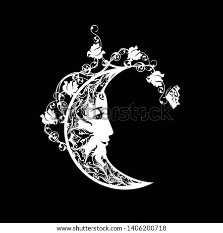 ornate crescent moon with kind human profile face among rose flowers and butterflies - good night black and white vector concept design