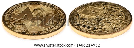 Golden monero isolated on white background. Front and back sides are shown. High resolution photo. With two clipping path. Full depth of field.