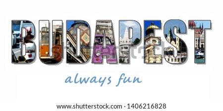 Colorful Budapest banner, postcard or headline. Graphical photo collage with bold letters. photos of the city's famous and popular attractions. Postcard style design. Tourism and travel concept. 