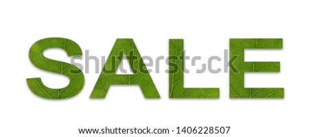 The word sale, which consists of letters cut from green leaves, isolated on white background, close-up.
