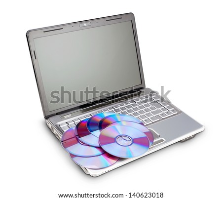Discs for recording data on a modern laptop. On a white background.