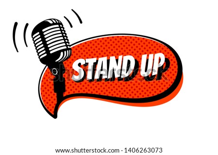 Stand up comedy show sign. Retro studio table microphone with inscription on red comics bubble. Vintage vector illustration