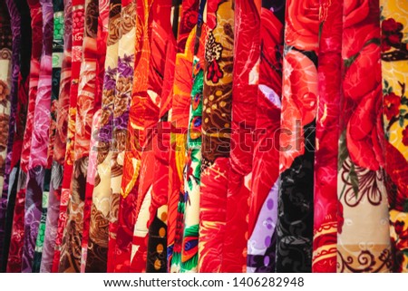 Carpets with colorful ornaments. Background photo with soft selective focus
