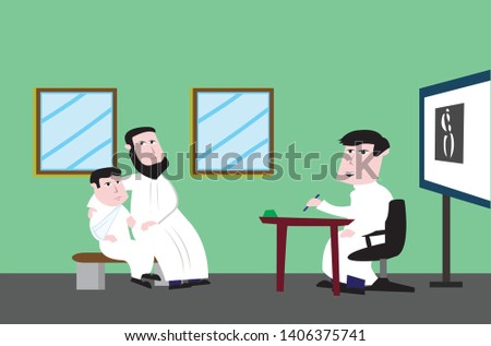 An Arab boy with broken bones is accompanied by a guardian or teacher to visit a doctor. Editable Clip Art.