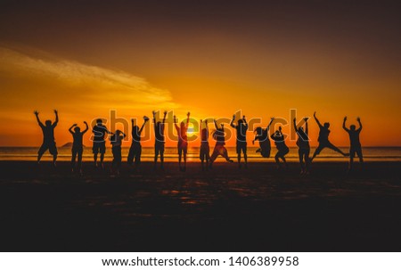 Summer activity lifestyle silhouette group of friends or traveler joy fun jumping on beach at sunset, Leisure tourist people travel Thailand holiday vacation trips, Tourism beautiful destination Asia