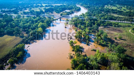 Major flooding along the southern Colorado river in central Texas aerial drone view