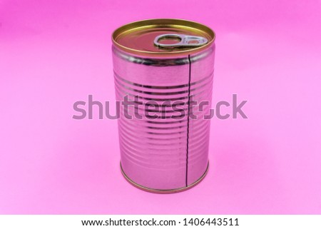 Metal can soup container  in pink pastel tone background isolated