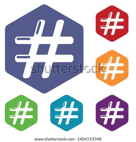 Hashtag icons vector colorful hexahedron set collection isolated on white