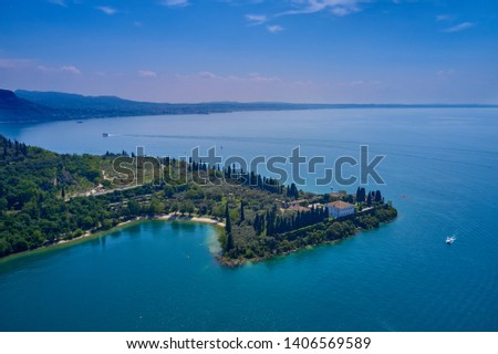 Aerial photography with drone. Beautiful coastline in the park Belvedere Romano, Baia delle Sirene, Lake Garda, Italy.