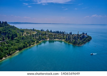 Aerial photography with drone. Beautiful coastline in the park Belvedere Romano, Baia delle Sirene, Lake Garda, Italy.