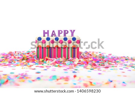 gift box, word of letters "happy" and colorful confetti isolated on white background. Greeting card design. Happy birthday, holiday minimal creative concept. copy space. boxing day