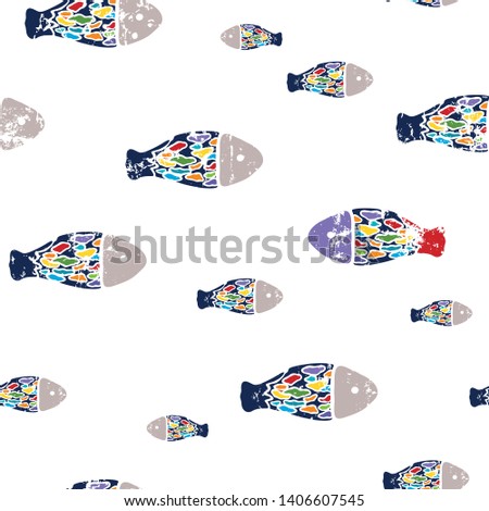 Seamless vector pattern, fishes, white texture, marine life