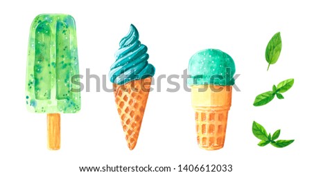 Set of different ice cream balls in waffle cone, clip art with mint, berries and coockies, hand drawn watercolor illustration isolated on white.