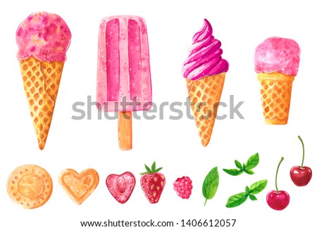 Set of different pink ice cream balls in waffle cone, clip art with mint, berries and cookies, hand drawn watercolor illustration isolated on white.