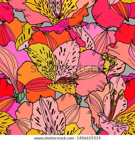 Vector seamless pattern with hand drawn plants. Summer botanical background. Alstroemeria hand drawn bright multi color flowers repeatable wallpaper. Royalty-Free Stock Photo #1406659319