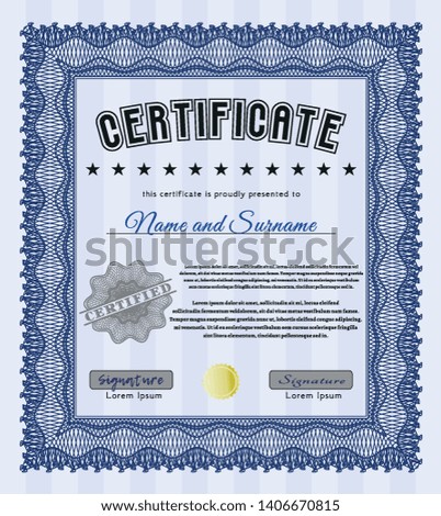 Blue Certificate. With guilloche pattern and background. Vector illustration. Nice design. 