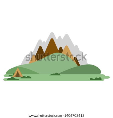 Mountains nature landscape flat vector illustration. Hot air balloons flying in sky. Active tourism cartoon drawing. Summer camping, hiking
