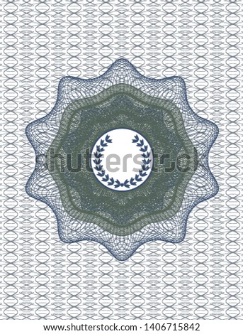 Blue and green passport money style rosette with leaf crown icon inside