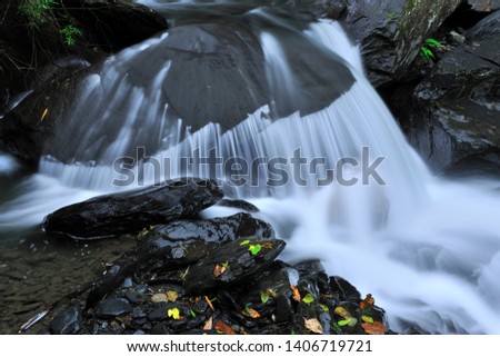 Stream waterfalls flow between the rocks, creating a beautiful picture.