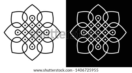 Circles, Squares and 5X5 dots, Surrounded by Petals - Indian Traditional and Cultural Rangoli, Alpona, Kolam or Paisley vector line art with dark and white background Royalty-Free Stock Photo #1406725955