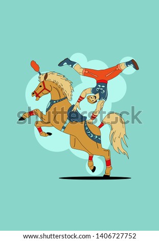 Horse rider performs tricks. Animated style horse circus.