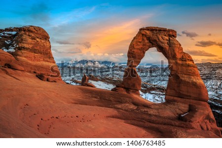 Twilight on Delicate Arch, Arches National Park Utah Royalty-Free Stock Photo #1406763485