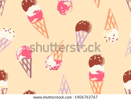 Seamless ice cream cone pattern with hand drawn illustrations in playful colors.