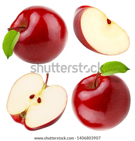 Set of red apple whole pieces isolated on white background as a package design element