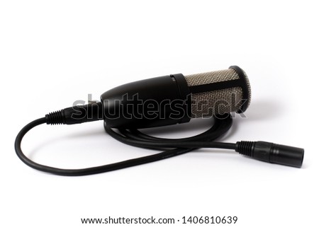 Condenser microphone connect to cable, microphone Studio record on white back ground, isolate background.