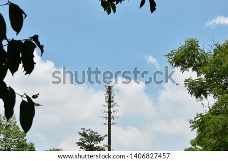 telecommunication pole with plant growth on cloud and sky background