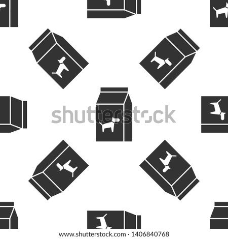 Grey Bag of food for dog icon isolated seamless pattern on white background. Food for animals. Pet food package. Vector Illustration
