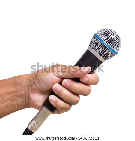Man hand holding  microphone isolated on white background