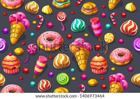 Seamless vector pattern "Set of candy". Lollipops, cakes, ice cream, caramel and marmalade. Vector illustration.