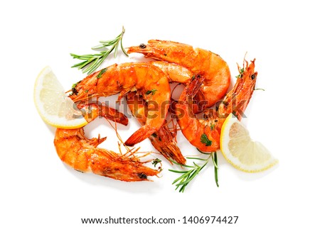 Grilled tiger shrimp with  lemon . isolated on white background Royalty-Free Stock Photo #1406974427