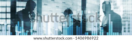 Website Header Banner Panorama. Three businessmen sign a contract. Stock Market Graph and Bar Candlestick Chart.